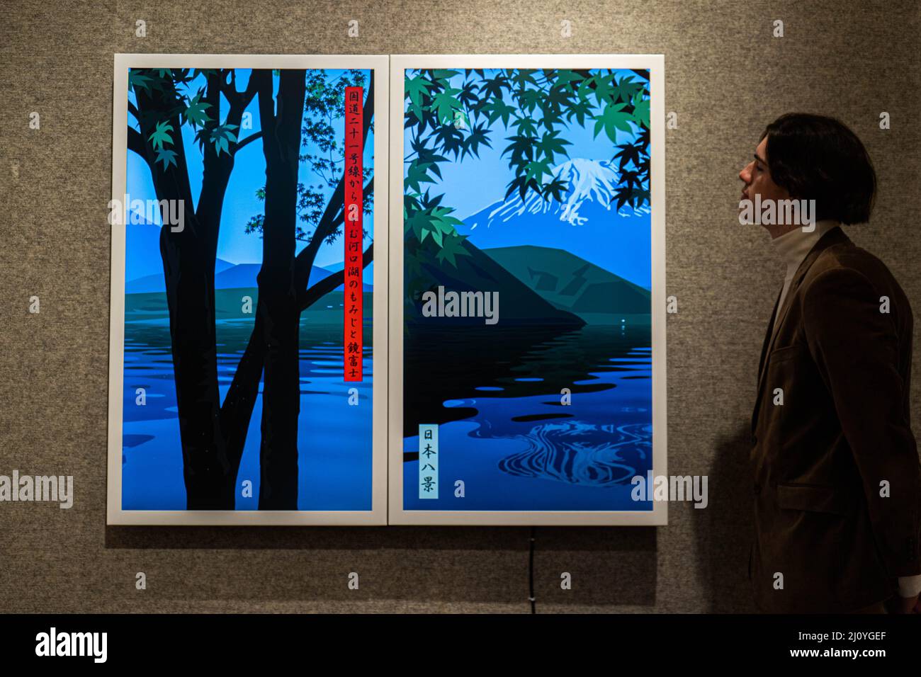 LONDON, UK. 21  March, 2022 . JULIAN OPIE(B. 1958) View of Lake Kawaguchi with Japanese maple and Kagami-fugi from Route 21  2007, Estimate : £18,000-25,000 offered at the preview of Post-War & Contemporary Art Sale. The sale takes place at Bonhams New Bond Street on 24 March.  Credit: amer ghazzal/Alamy Live News Stock Photo