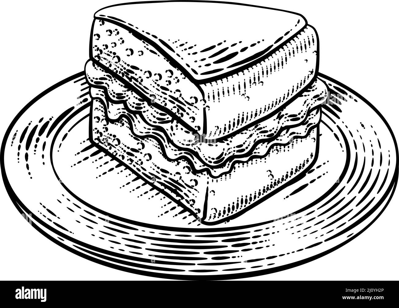 Cake Sponge Slice Jam Cream Woodcut Drawing Stock Vector