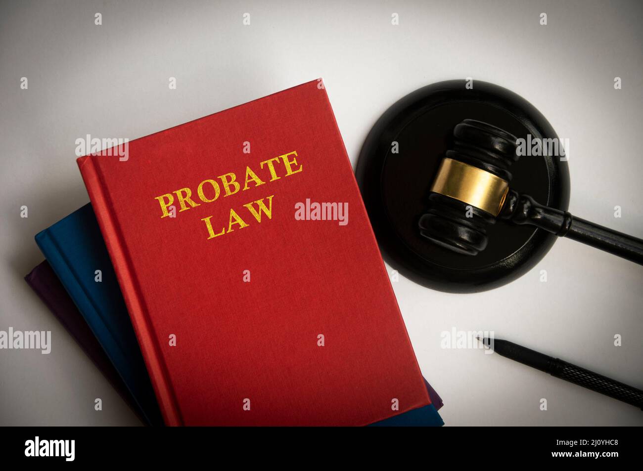 Top view of probate law book with gavel on white background. Law concept. Stock Photo