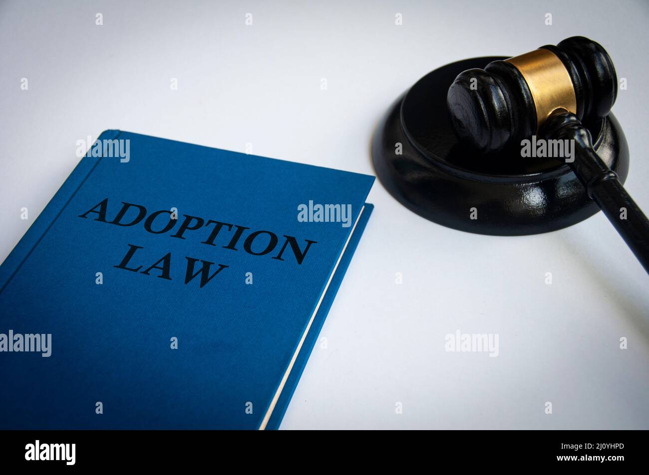 Side view of Adoption law book with gavel on white background. Law concept. Stock Photo