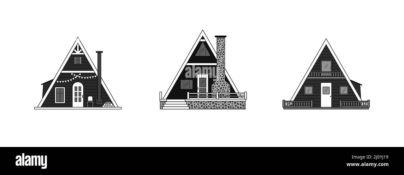 Set of black and white triangular cabins. Icons of modern tiny houses isolated on white background. Vector graphics. Stock Vector