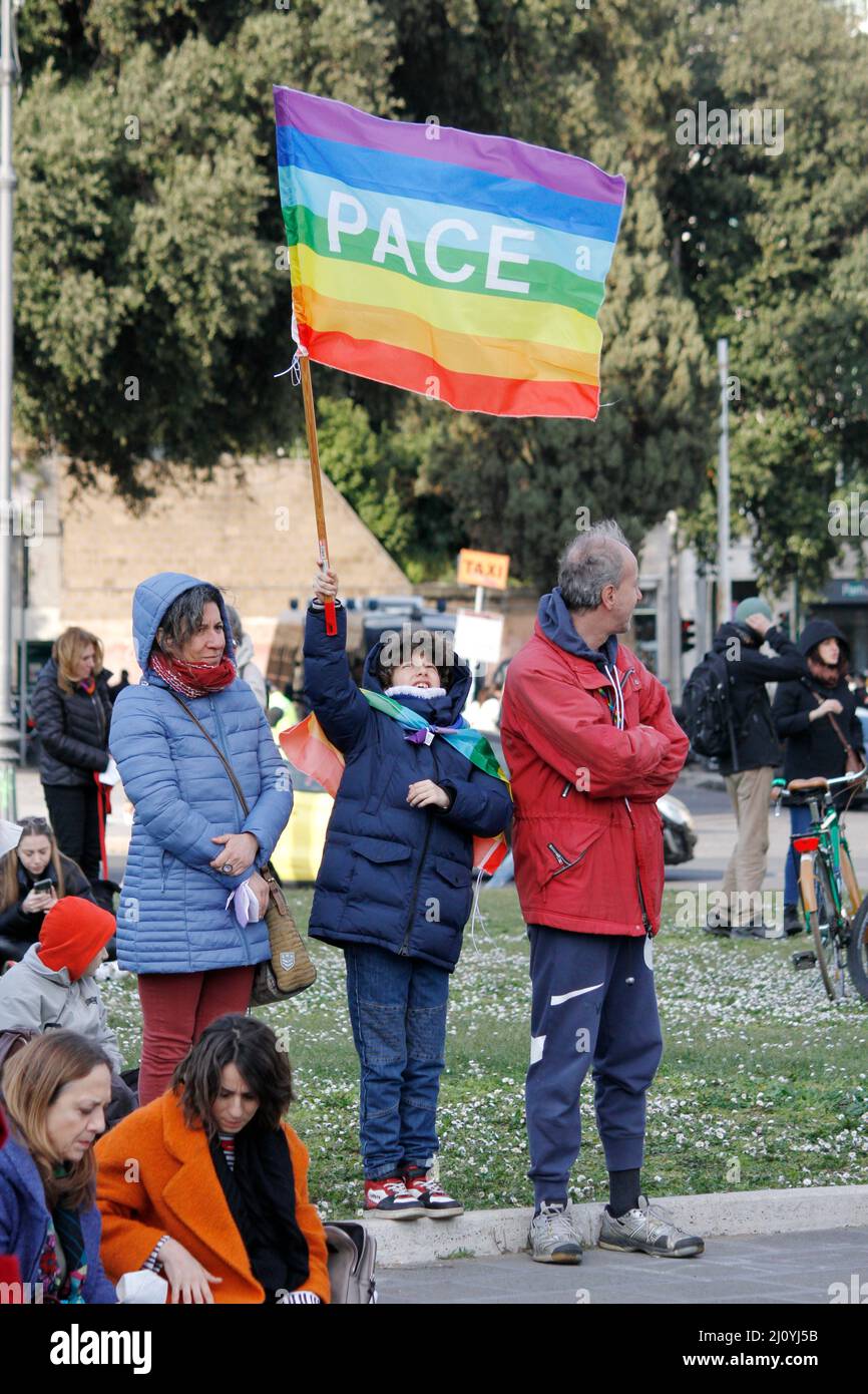 21st March 2022 Sit in for peace - Anti War protest- People in San Giovanni Square, Rome Italy demonstrate against war Stock Photo