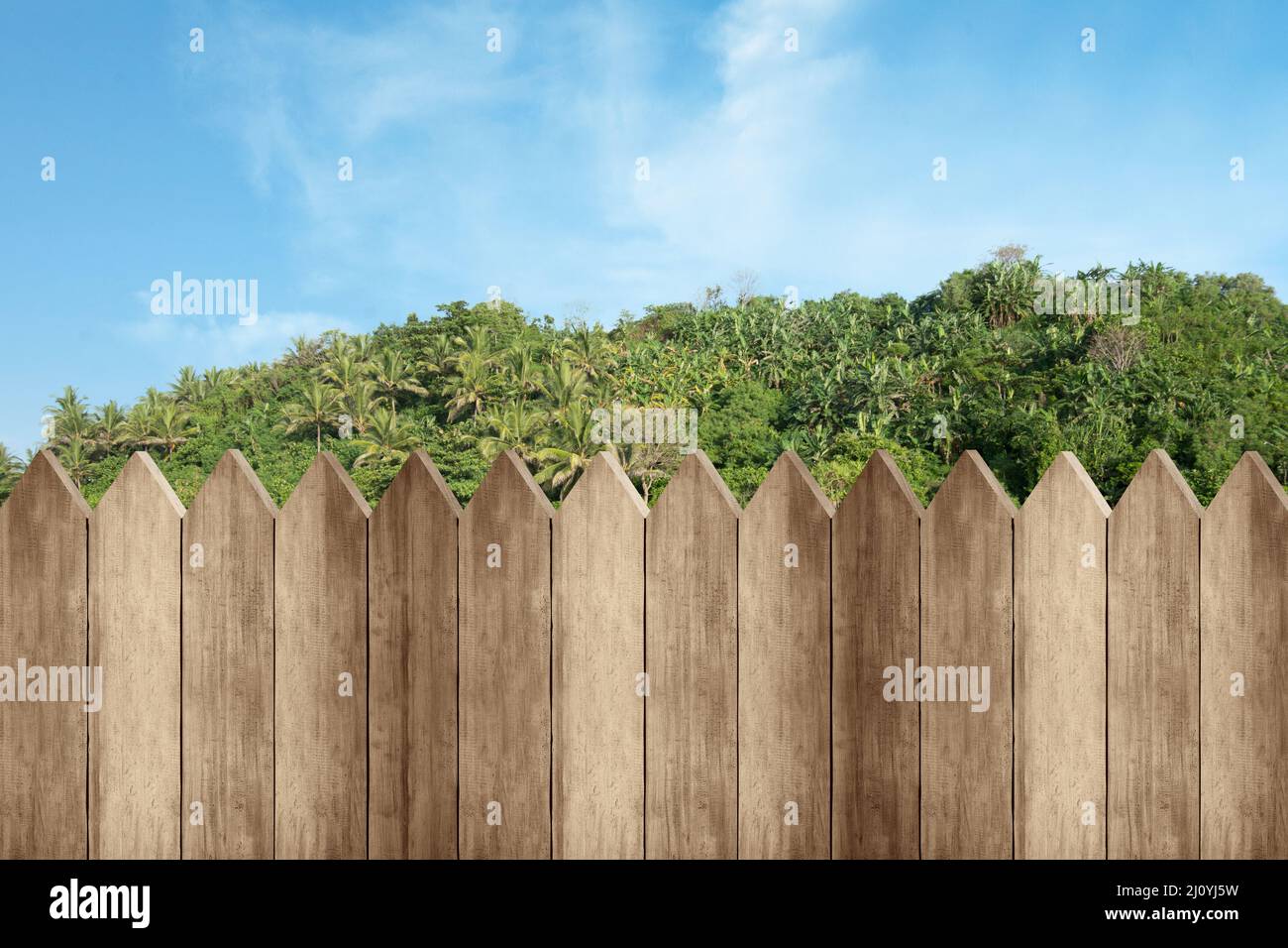 Wooden fence with trees and a blue sky background Stock Photo - Alamy