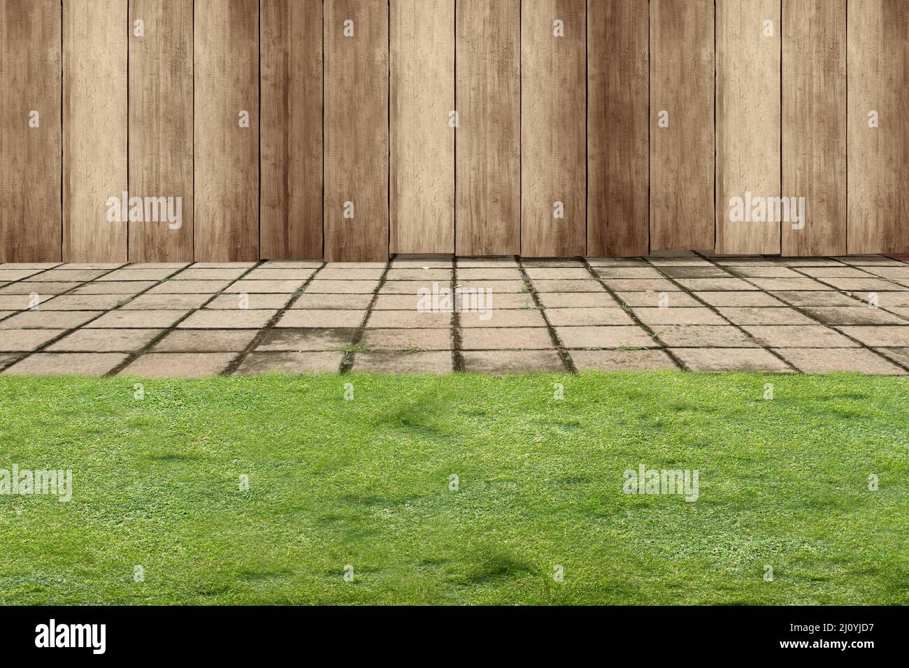 Green grass with wooden fence background Stock Photo - Alamy
