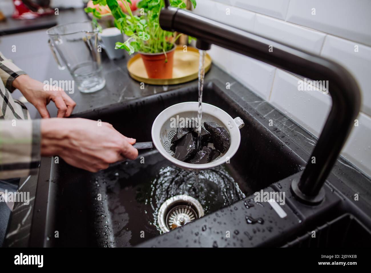 Woman cleaning shungite stones in sieve with pouring water in sink