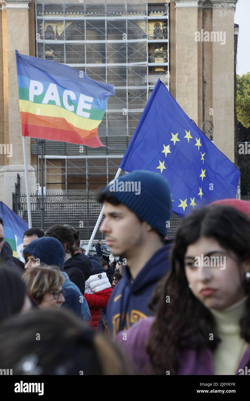 21st March 2022 Sit in for peace - Anti War protest- People in San Giovanni Square, Rome Italy demonstrate against war Stock Photo