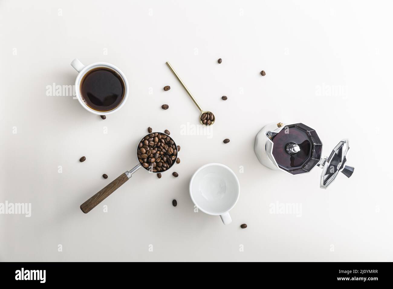 Flat lay coffee cup with kettle empty mug. High quality photo Stock Photo