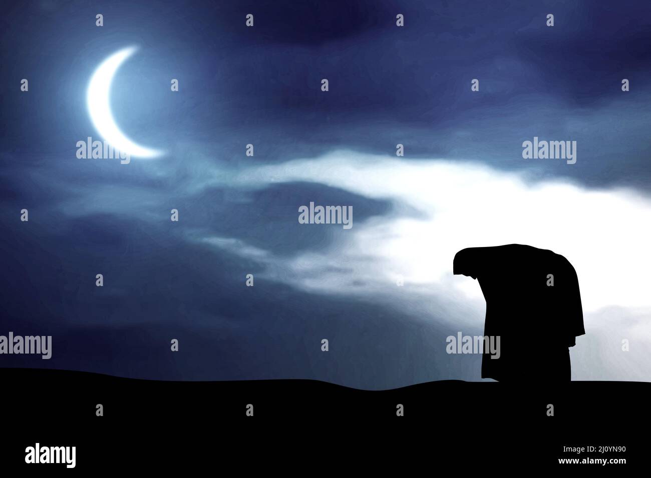 Silhouette of Muslim woman in veil in praying position (salat) with the ...