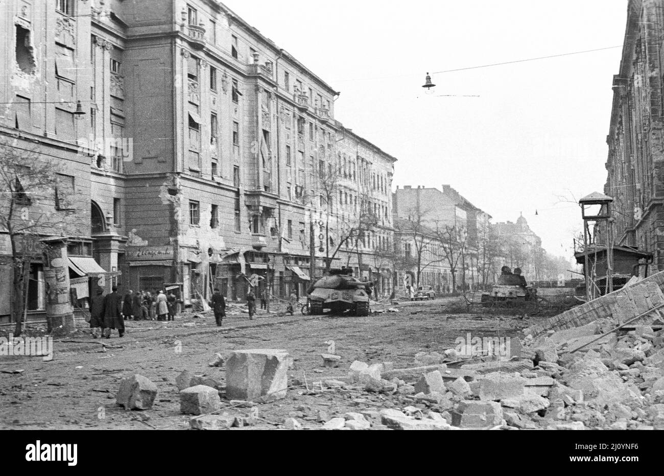 Rubble after the end of fighting in Budapest's 8th District during the 1956 Hungarian Revolution Stock Photo