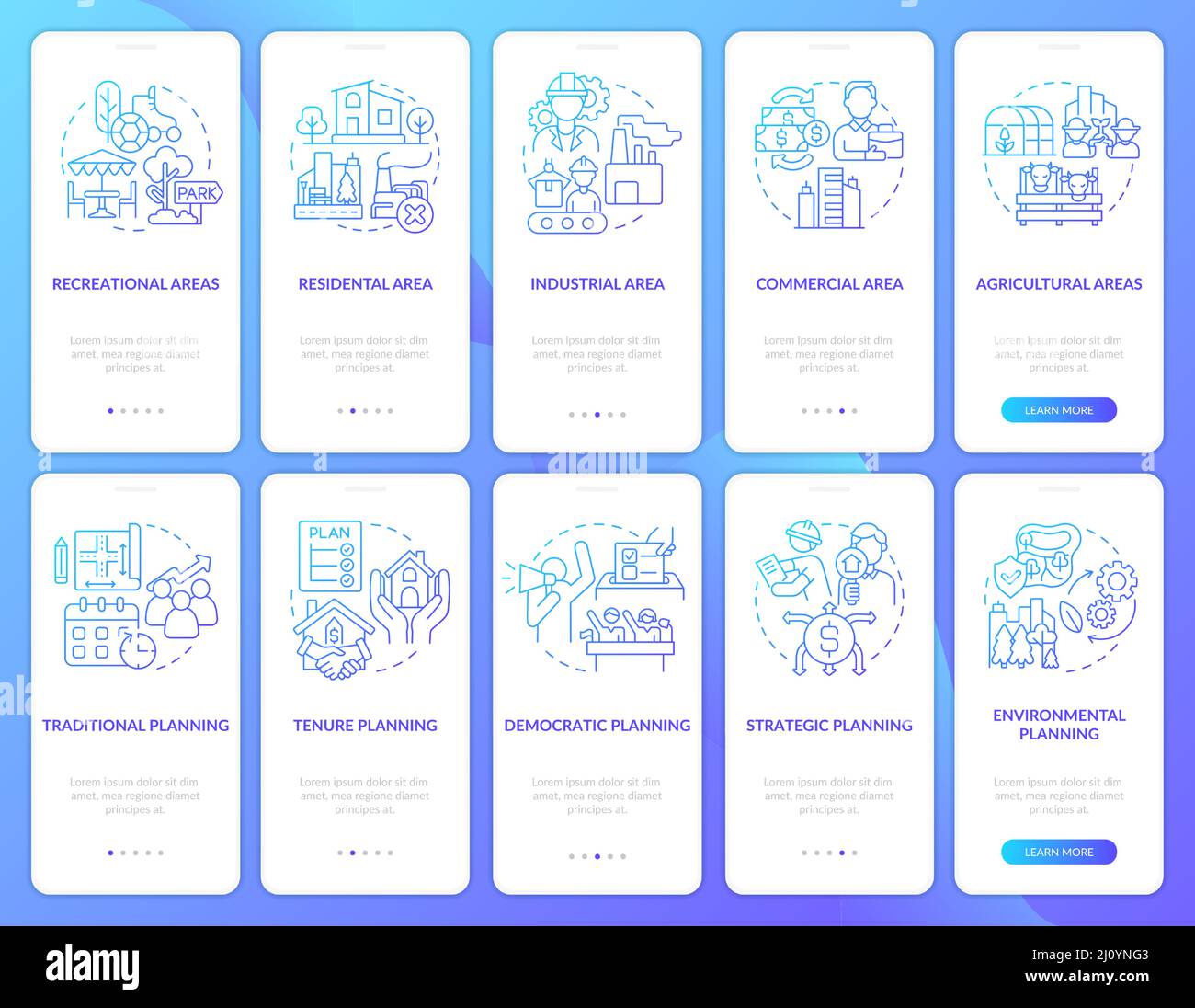 Land management, planning blue gradient onboarding mobile app screen set Stock Vector
