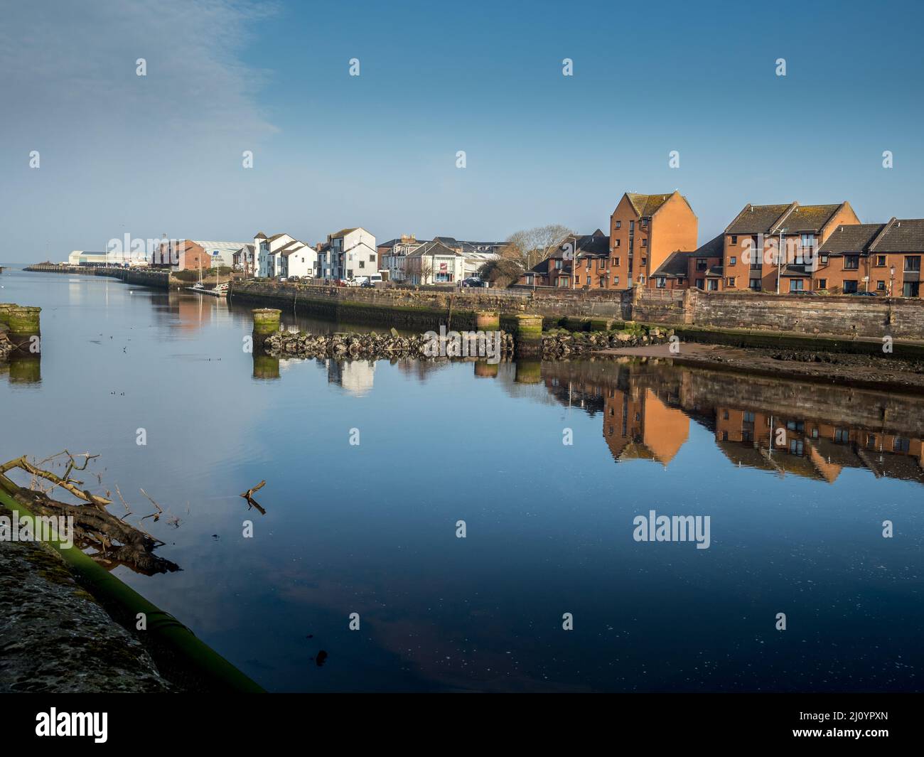 Views of the River Ayr in the town of Ayr on a spring morning in March Stock Photo