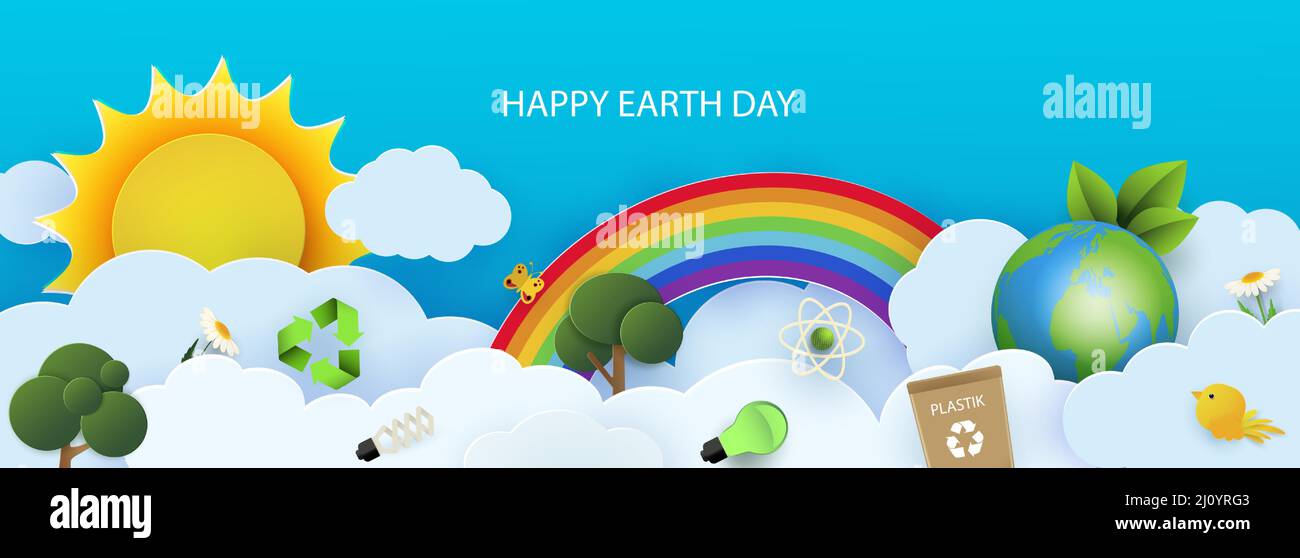 Earth Day banner, background with clouds and ecology icons in paper cut ...