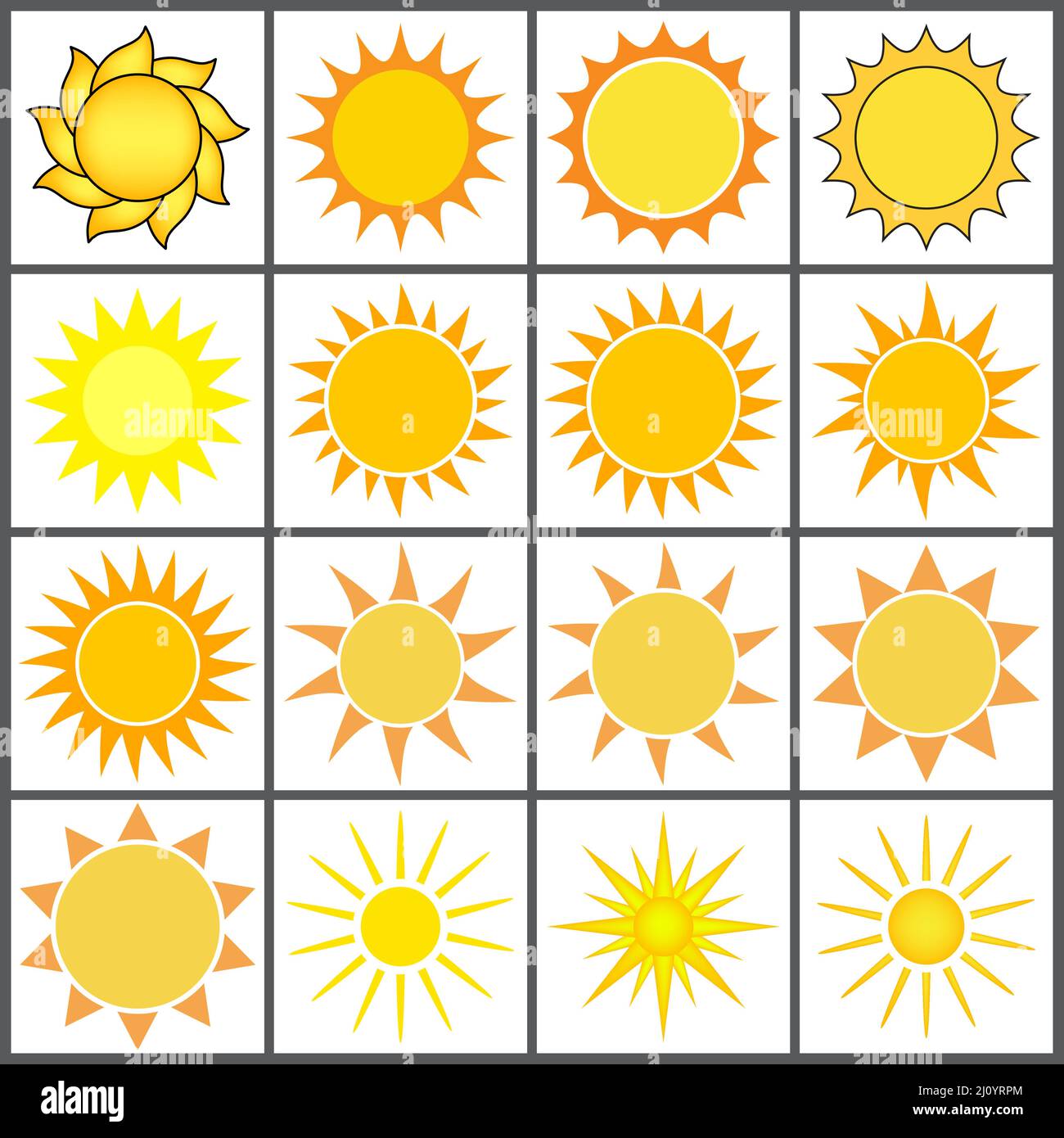 Yellow sun icon set. Vector illustration isolated on white background ...