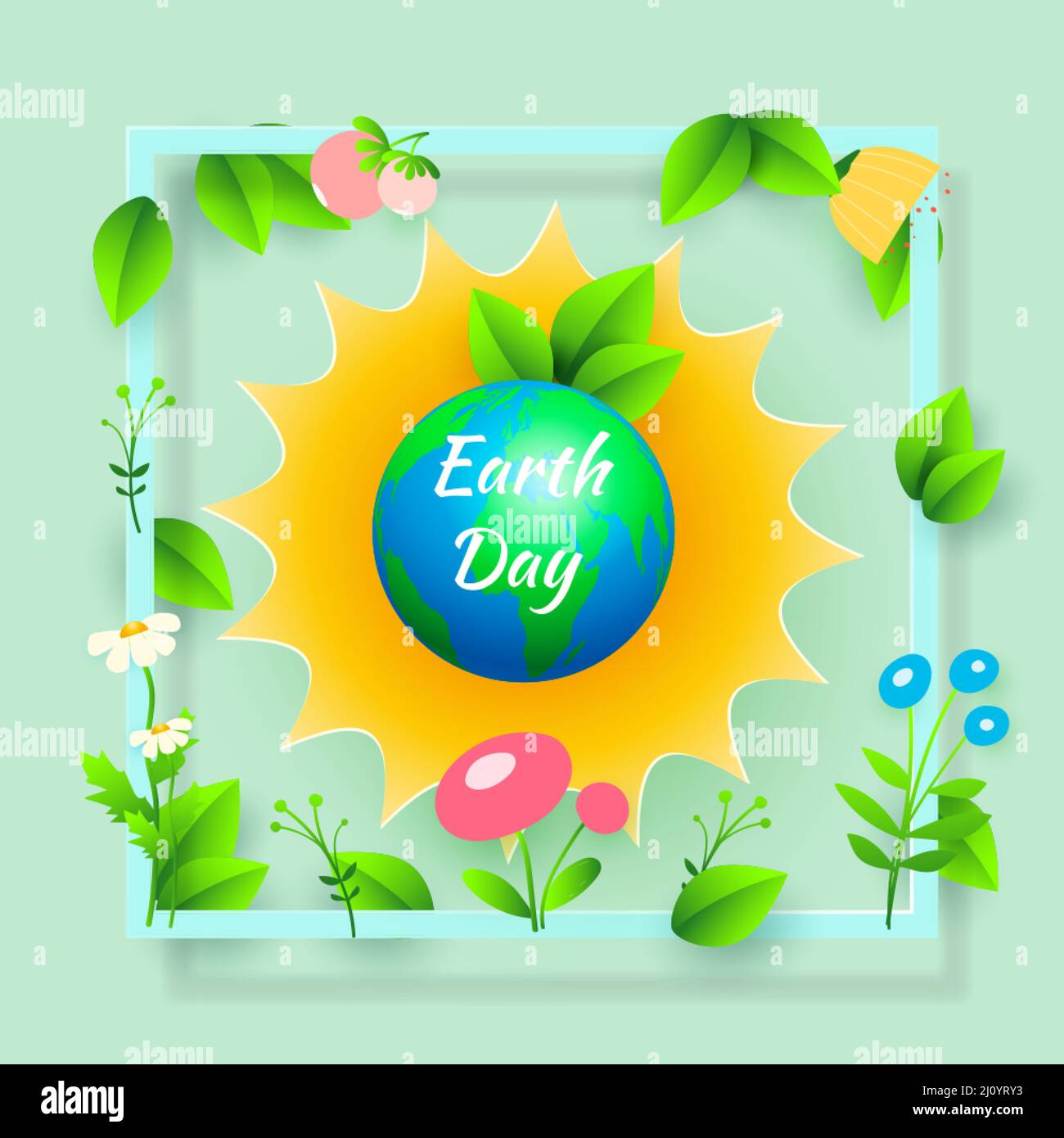 Earth Day banner, background with square frame with leaves and flowers ...