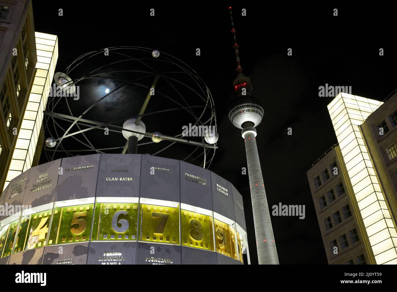 World Time Clock Urania and TV Tower at Alexanderplatz in Berlin Stock Photo