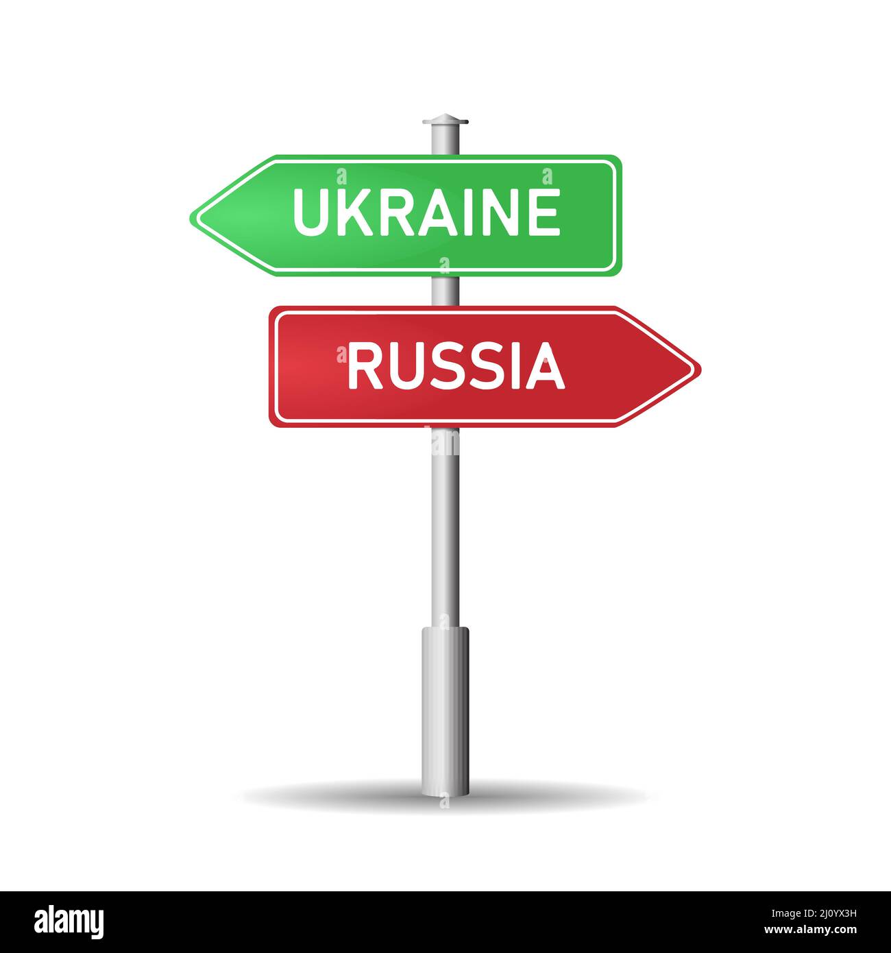 A road sign with signs and the words Russia and Ukraine. Stock Vector