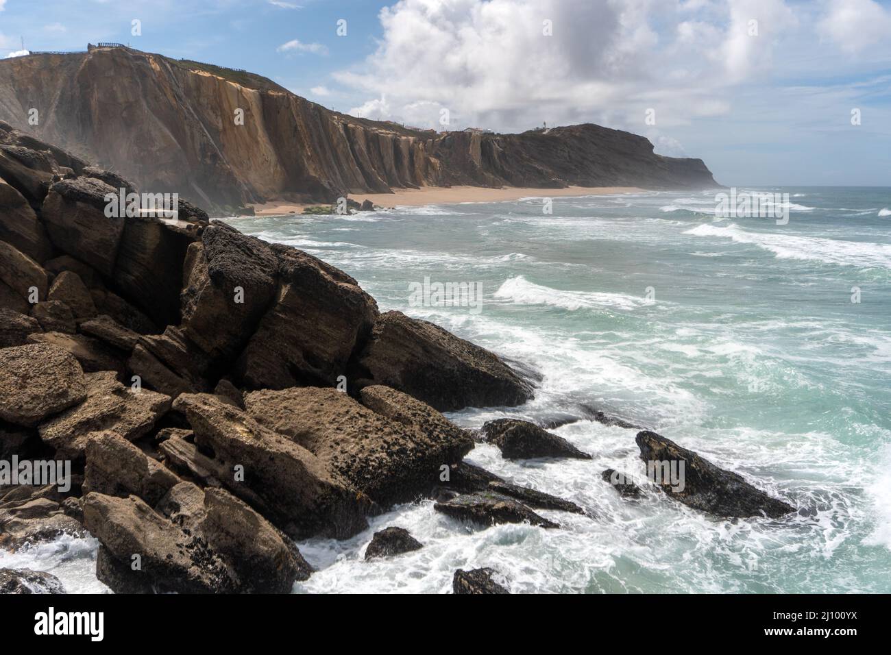 Formosa beach in Santa Cruz with its famous rock cliffs formations at sunset, Portugal. Stock Photo