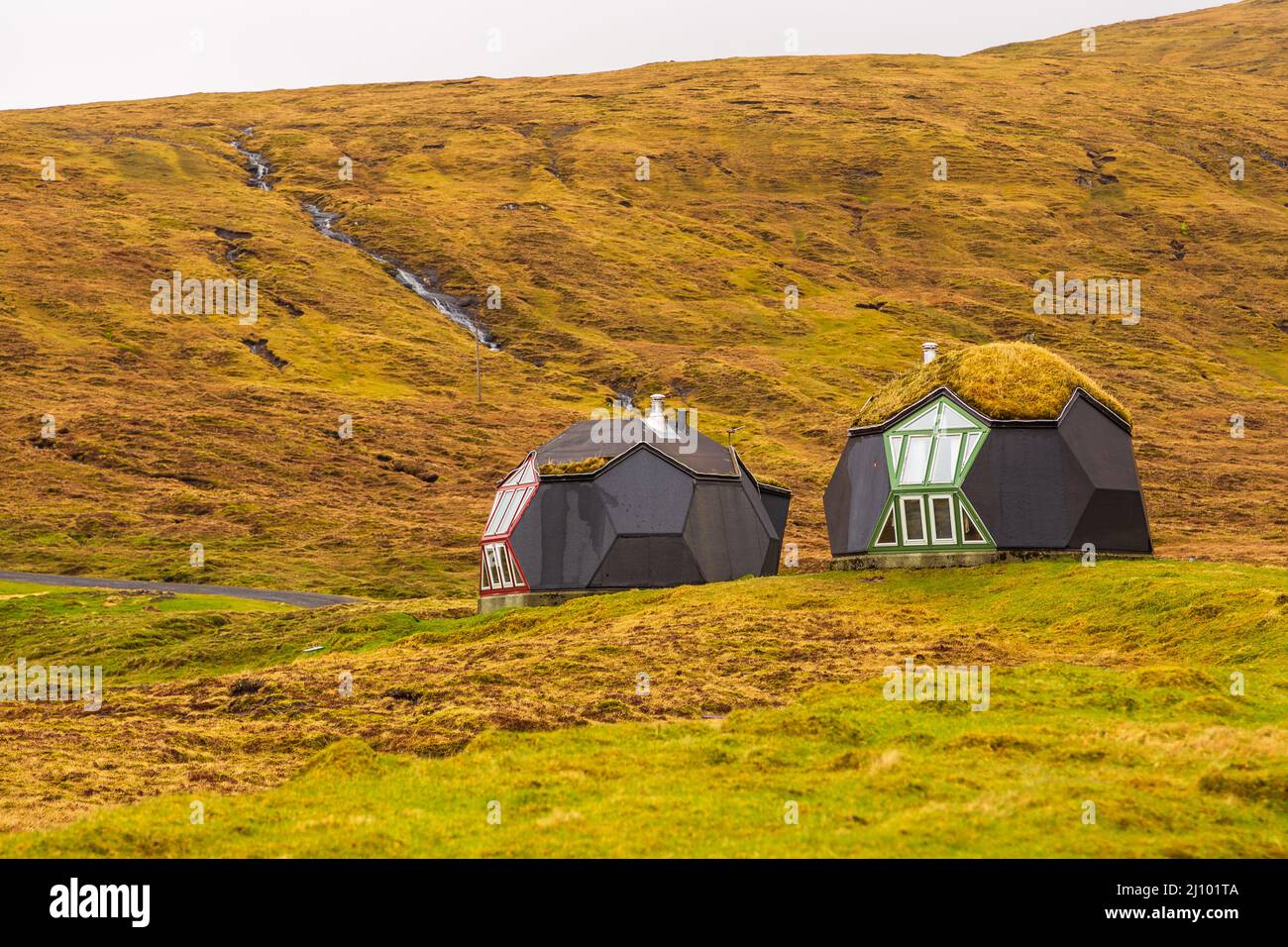 A weird, modern turf geometric igloo near the small village of Kvivik