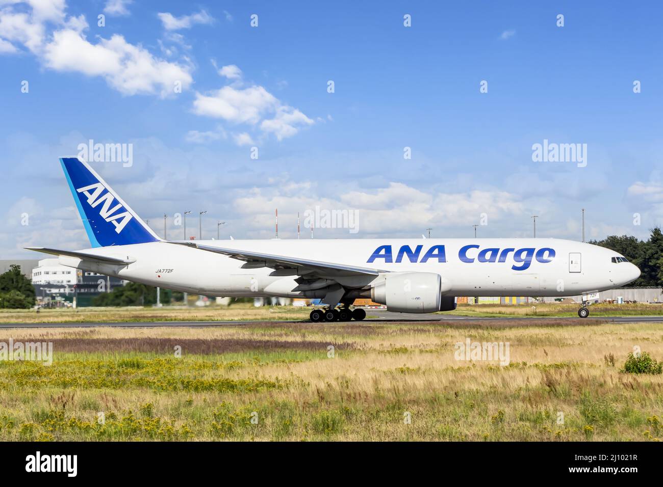 Japanese ANA cargo plane before take off at Frankfurt Airport, Germany Stock Photo