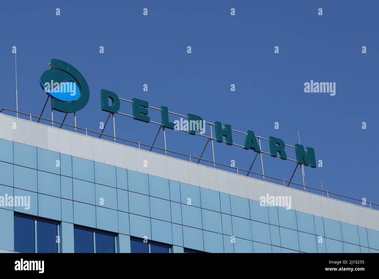 Poznan, Poland - March 21, 2020: Logo of Delpharm Biologicals in Poland - Delpharm is a French pharmaceutical company. Stock Photo