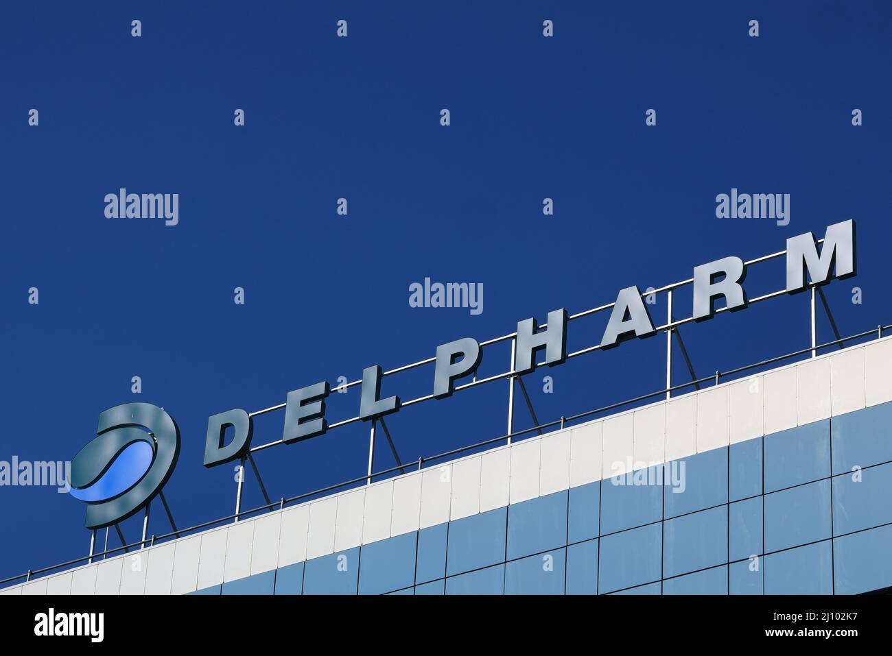 Poznan, Poland - March 21, 2020: Logo of Delpharm Biologicals in Poland - Delpharm is a French pharmaceutical company. Stock Photo