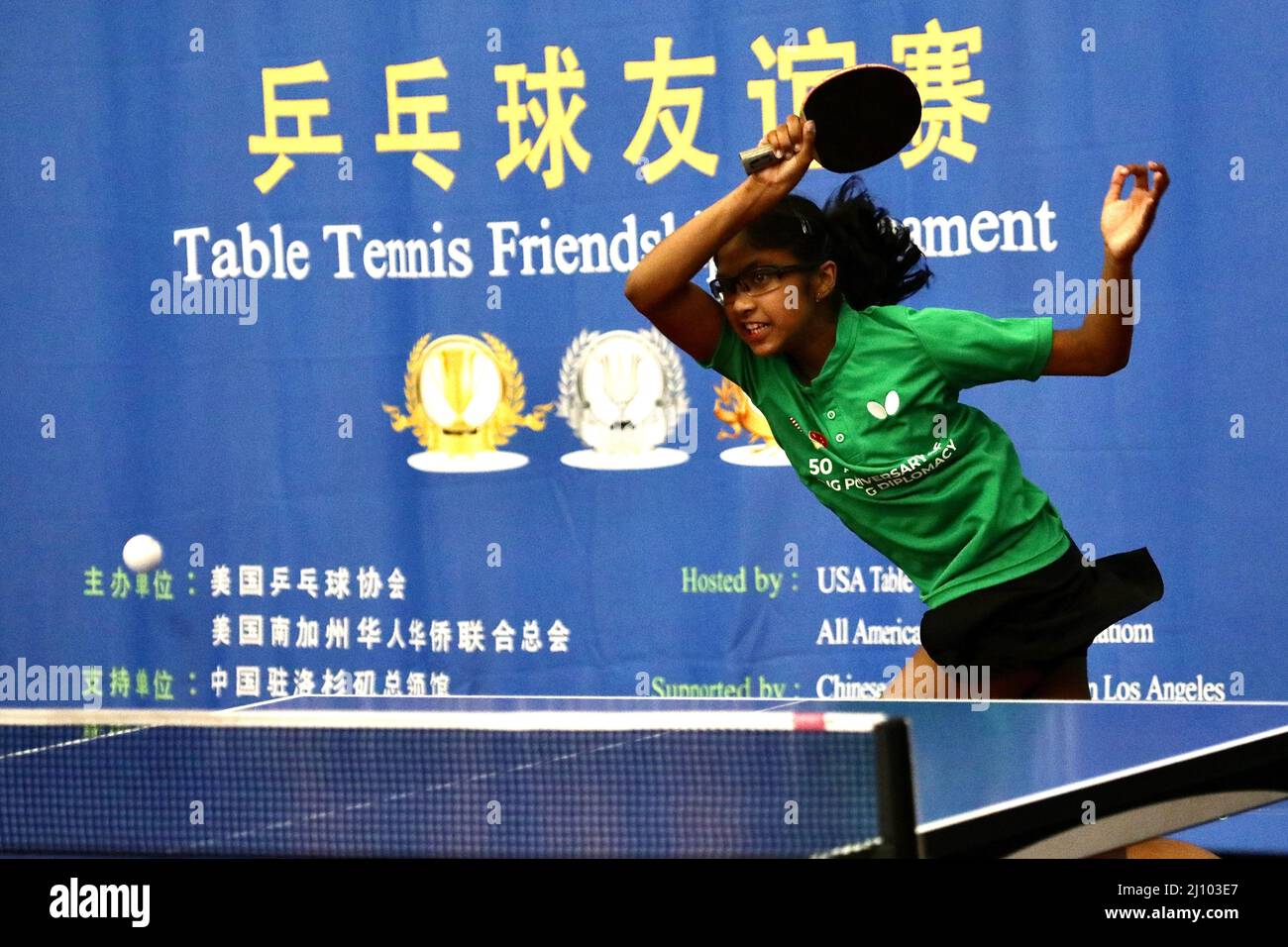 (220321) -- LOS ANGELES, March 21, 2022 (Xinhua) -- A player participates in a Ping-Pong friendship tournament in Los Angeles, the United States, March 20, 2022.  A table tennis friendship match was held here on Sunday to celebrate the 50th anniversary of 'Ping-Pong diplomacy' between China and the United States. The commemorative event was jointly organized by the USA Table Tennis (USATT) and the All American Chinese Association. (Xinhua) Stock Photo
