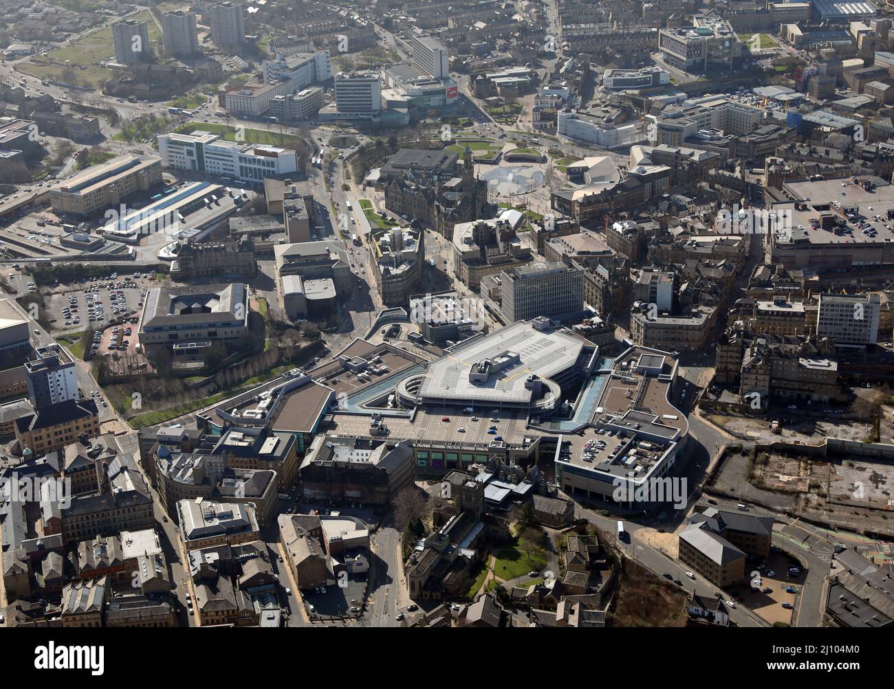 aerial view of Westfield's Nroadway Shopping Centre in Bradford city centre, West Yorkshire Stock Photo