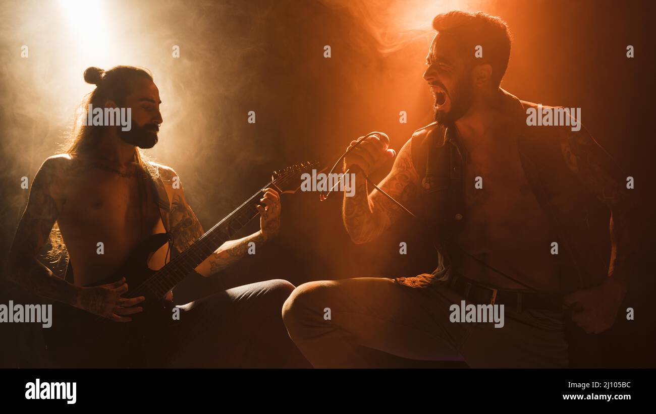 Stage band with guitarist vocalist Stock Photo