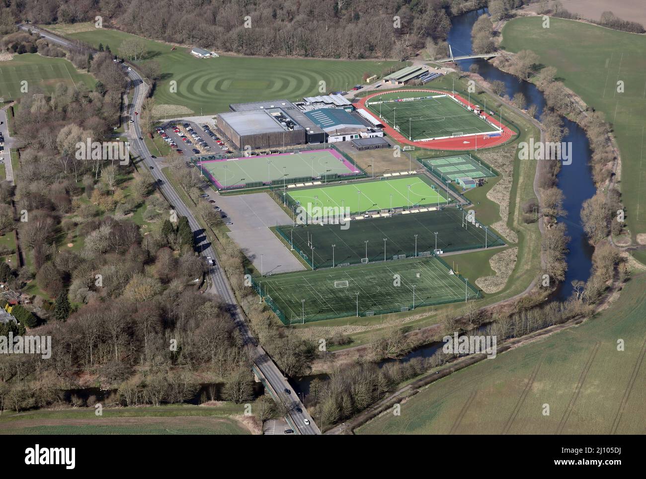 aerial view of The Graham Sports Centre on the east side of Durham city, County Durham Stock Photo