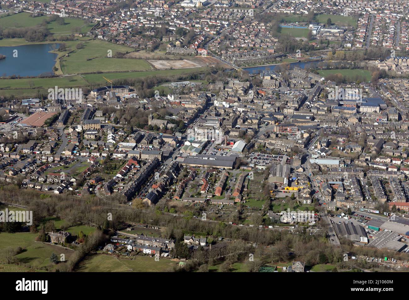 aerial view of Otley town centre from the south looking up Station Road, West Yorkshire Stock Photo