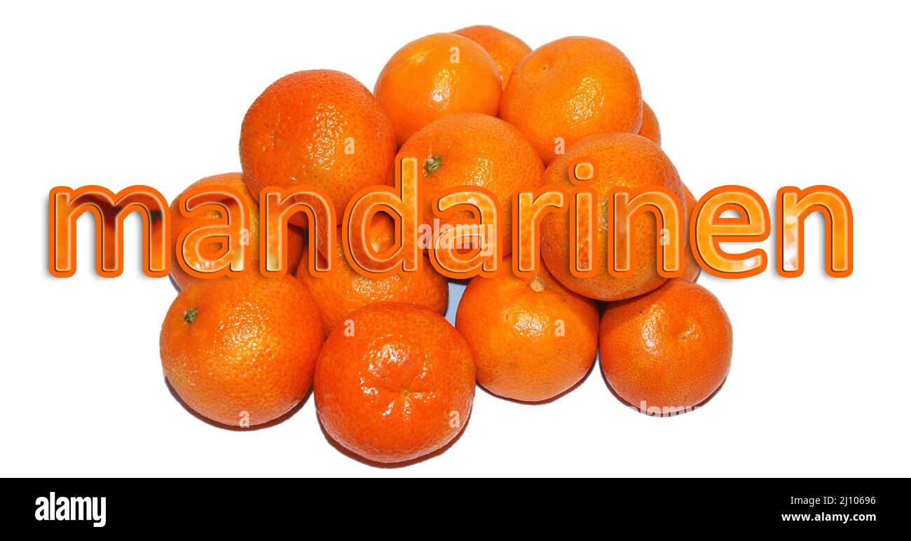 Tangerine on a white background and with a label in a European language Stock Photo Alamy