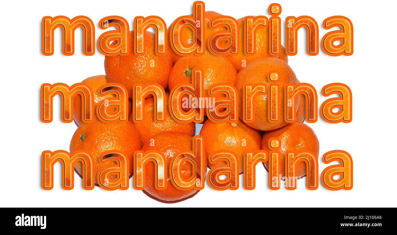 Tangerine on a white background and with a label in a European language Stock Photo Alamy