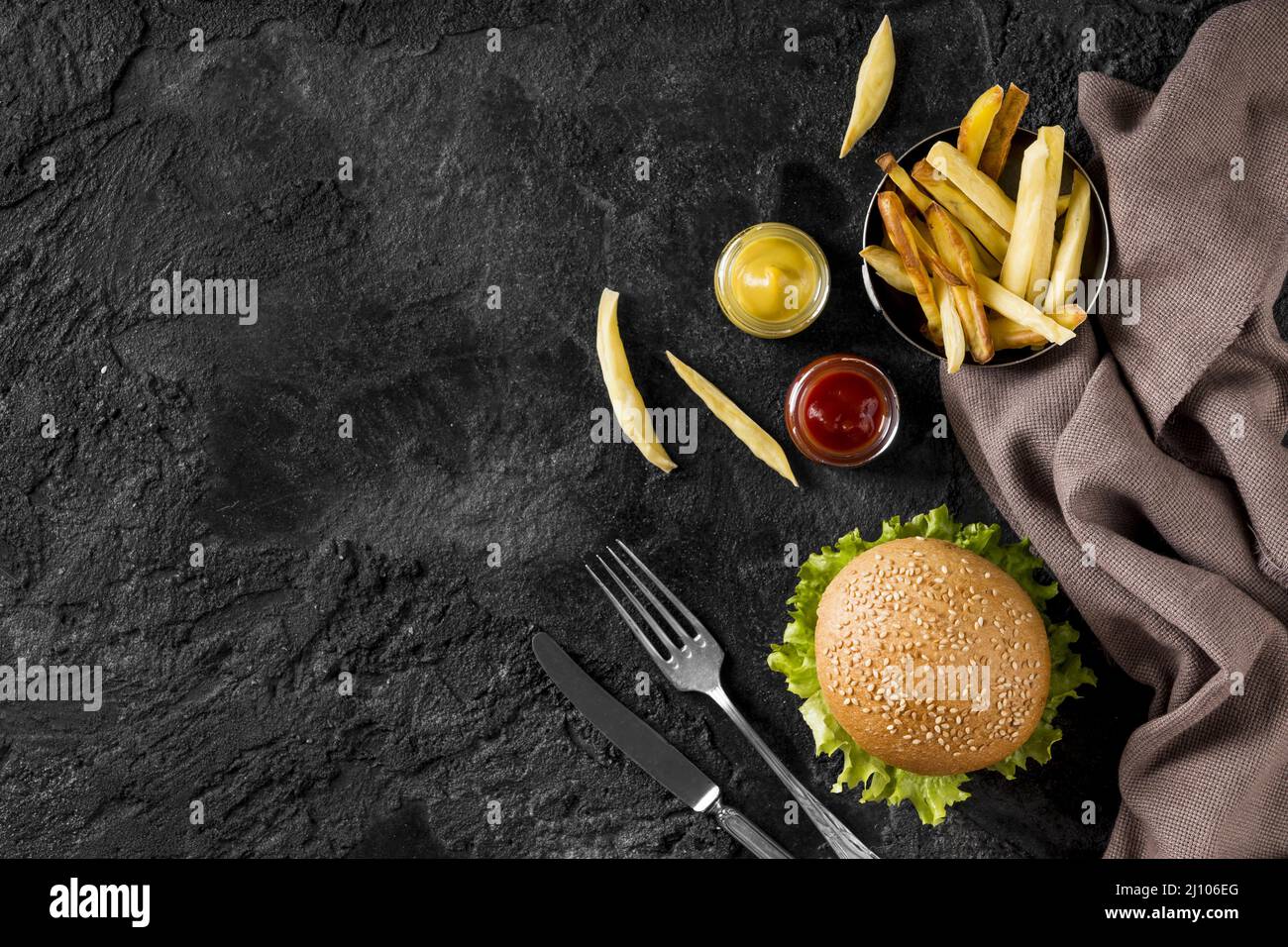 Top view burger fries with sauces copy space Stock Photo