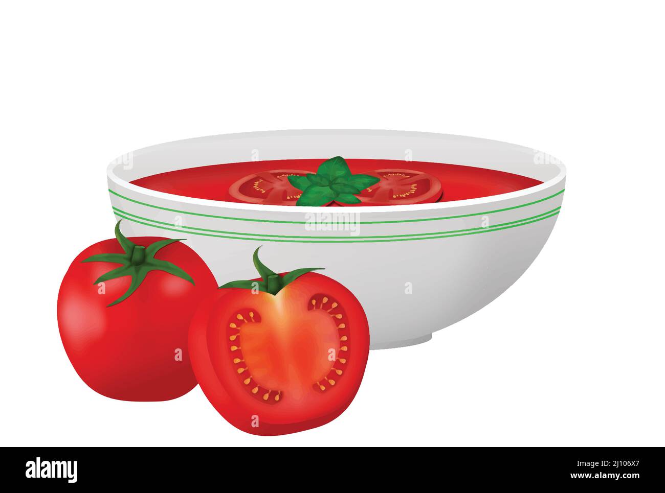 Gazpacho or tomatoes soup in a bowl served with basil leaves on white background, vector illustration Stock Vector
