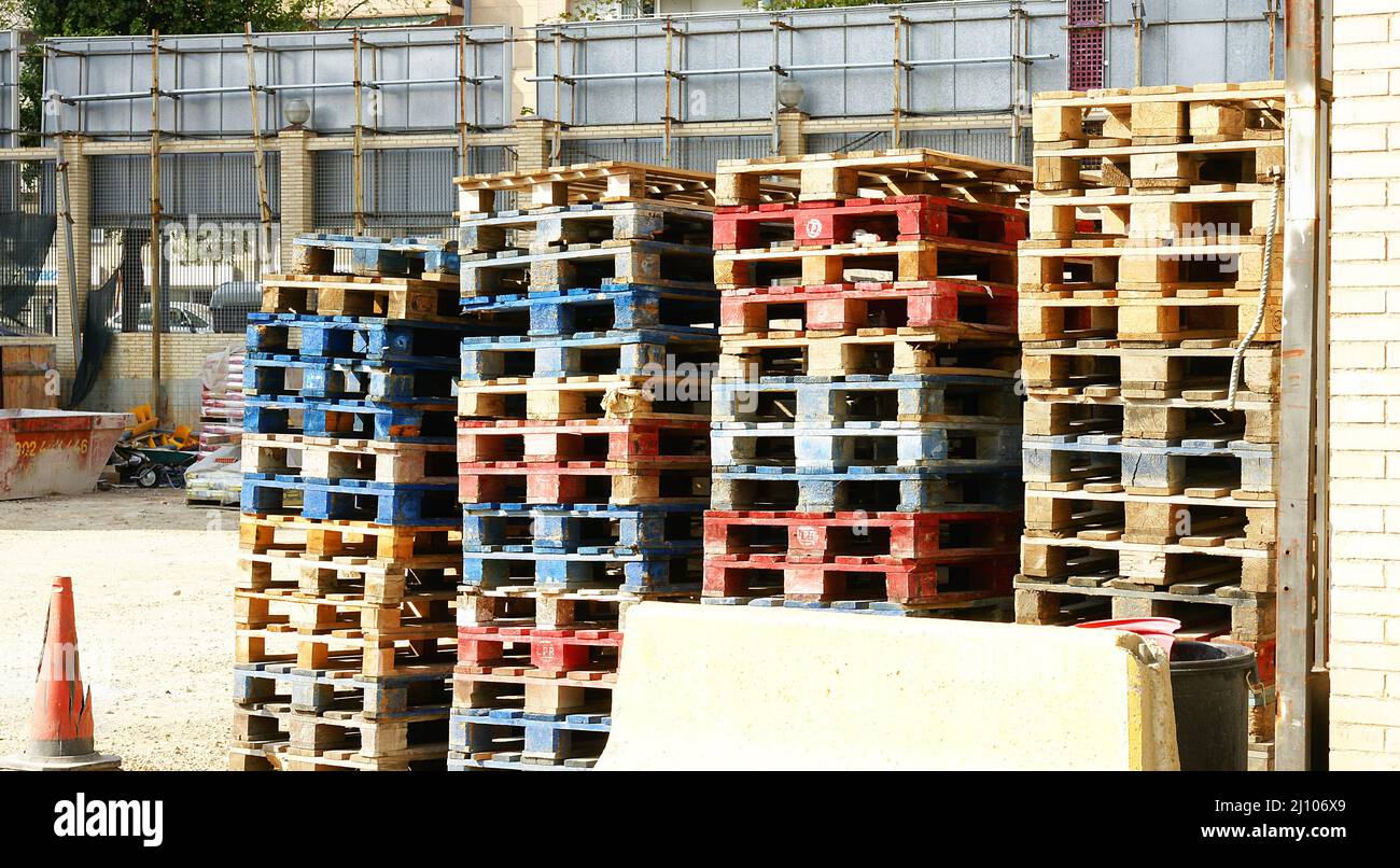 Stack of pallets in a warehouse in Barcelona, Catalunya, Spain, Europe Stock Photo Alamy