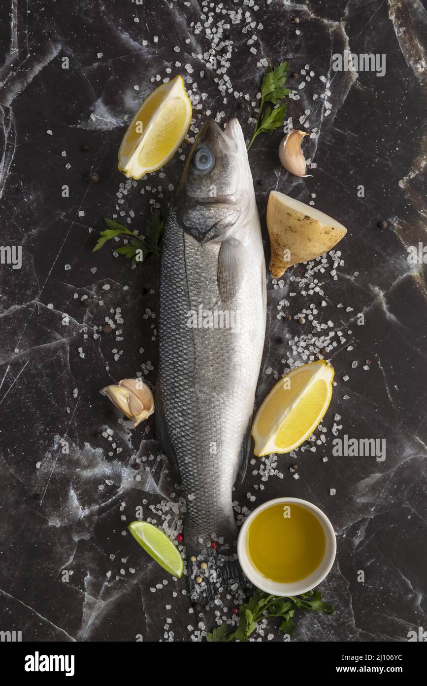 Flat lay delicious seafood assortment 3 Stock Photo
