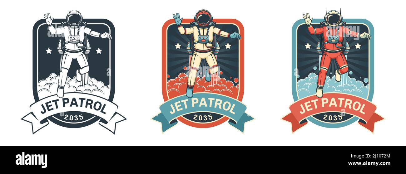 Retro space badge with astronaut taking off in spacesuit Stock Vector ...