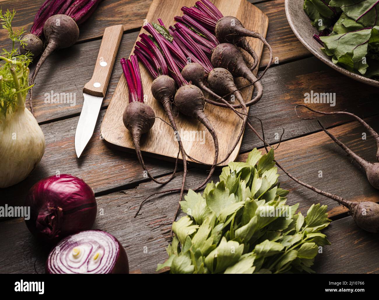 Fresh beet cutting board flat lay Stock Photo