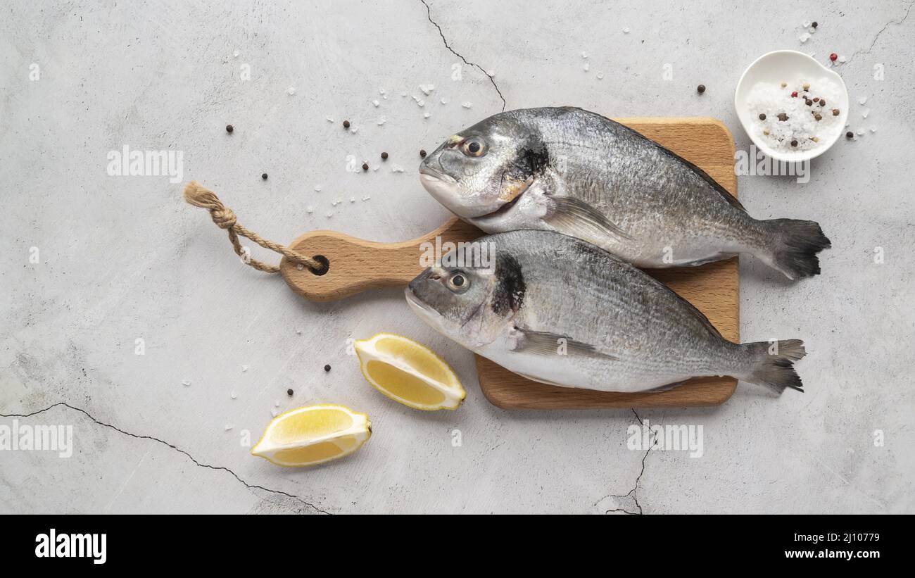 Flat lay delicious seafood arrangement 3 Stock Photo