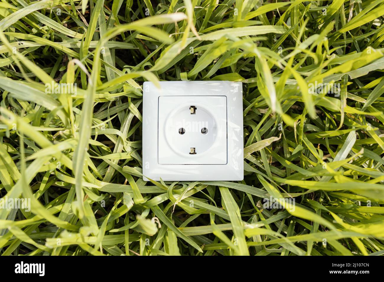 Top view electric socket green grass Stock Photo
