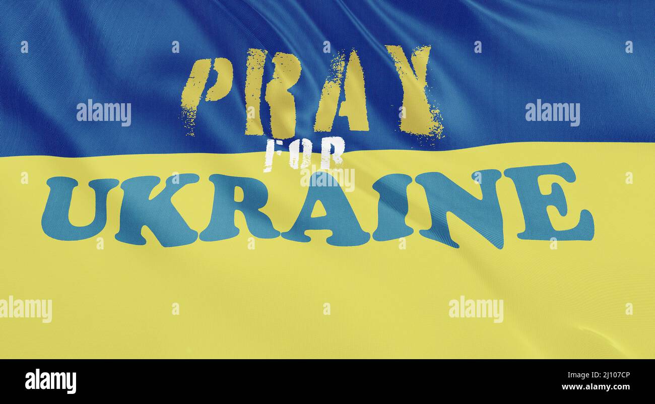 Ukraine flag waving animation with Pray for Ukraine text. Stop the war in Ukraine concept. Stock Photo