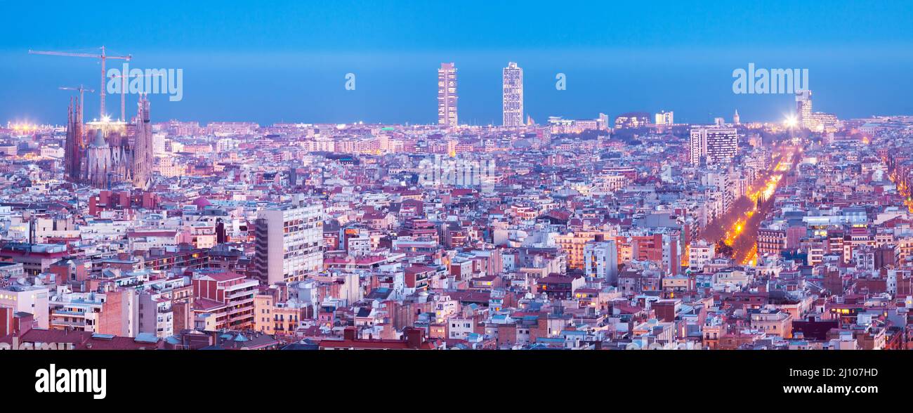 panoramic view of Barcelona in evening Stock Photo