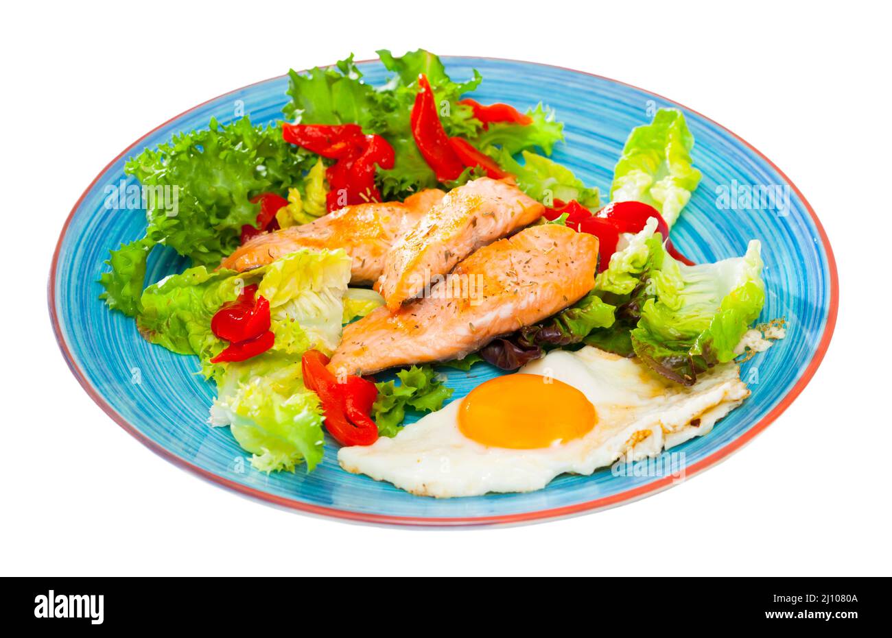 Lowcalorie breakfast with roasted trout Stock Photo Alamy