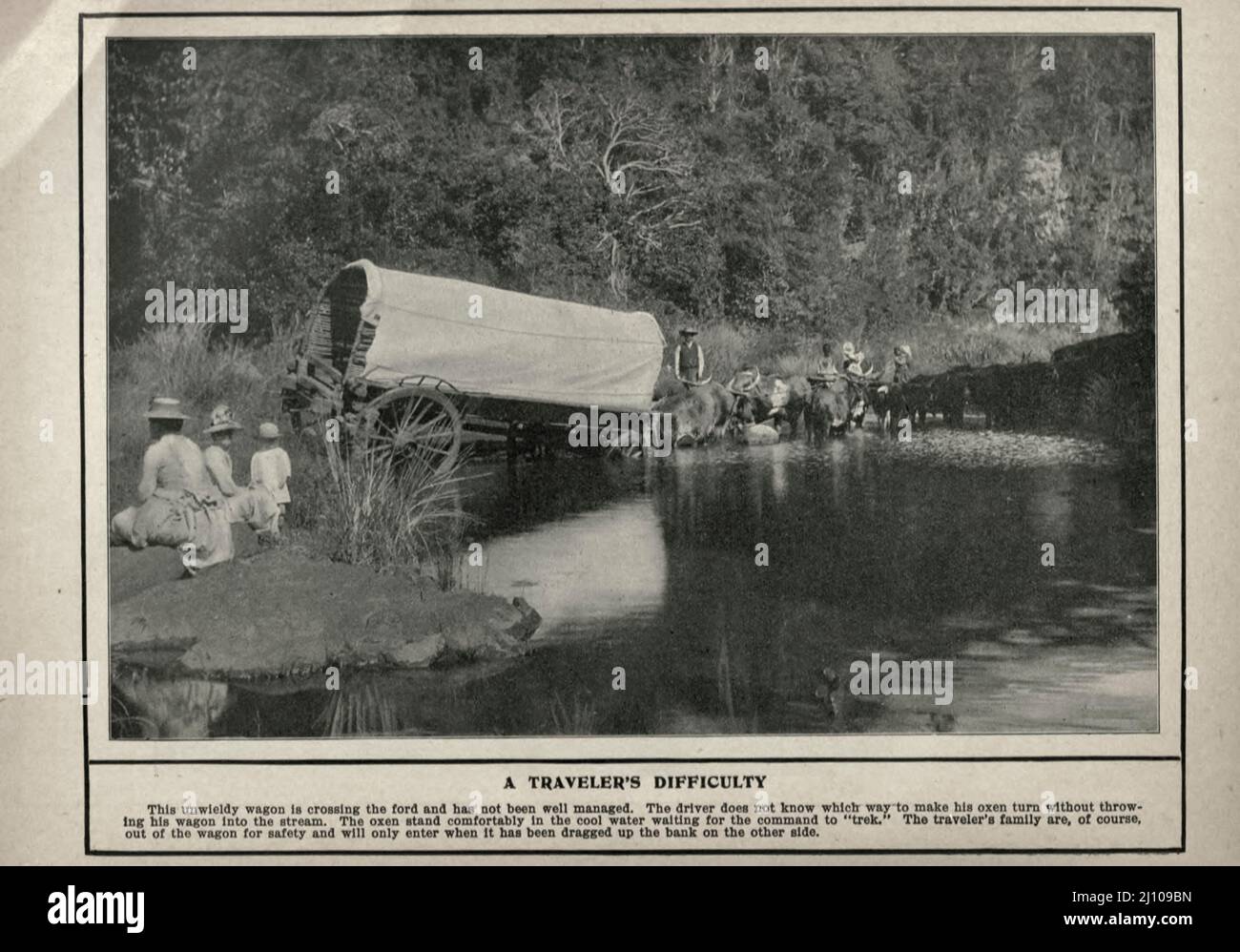 A Traveler's Difficulty an Ox Wagon is fording a river Black and white photograph from the book ' South Africa; its history, heroes and wars ' by William Douglas Mackenzie, and Alfred Stead, Publisher Chicago, Philadelphia : Monarch Book Company in 1890 Stock Photo