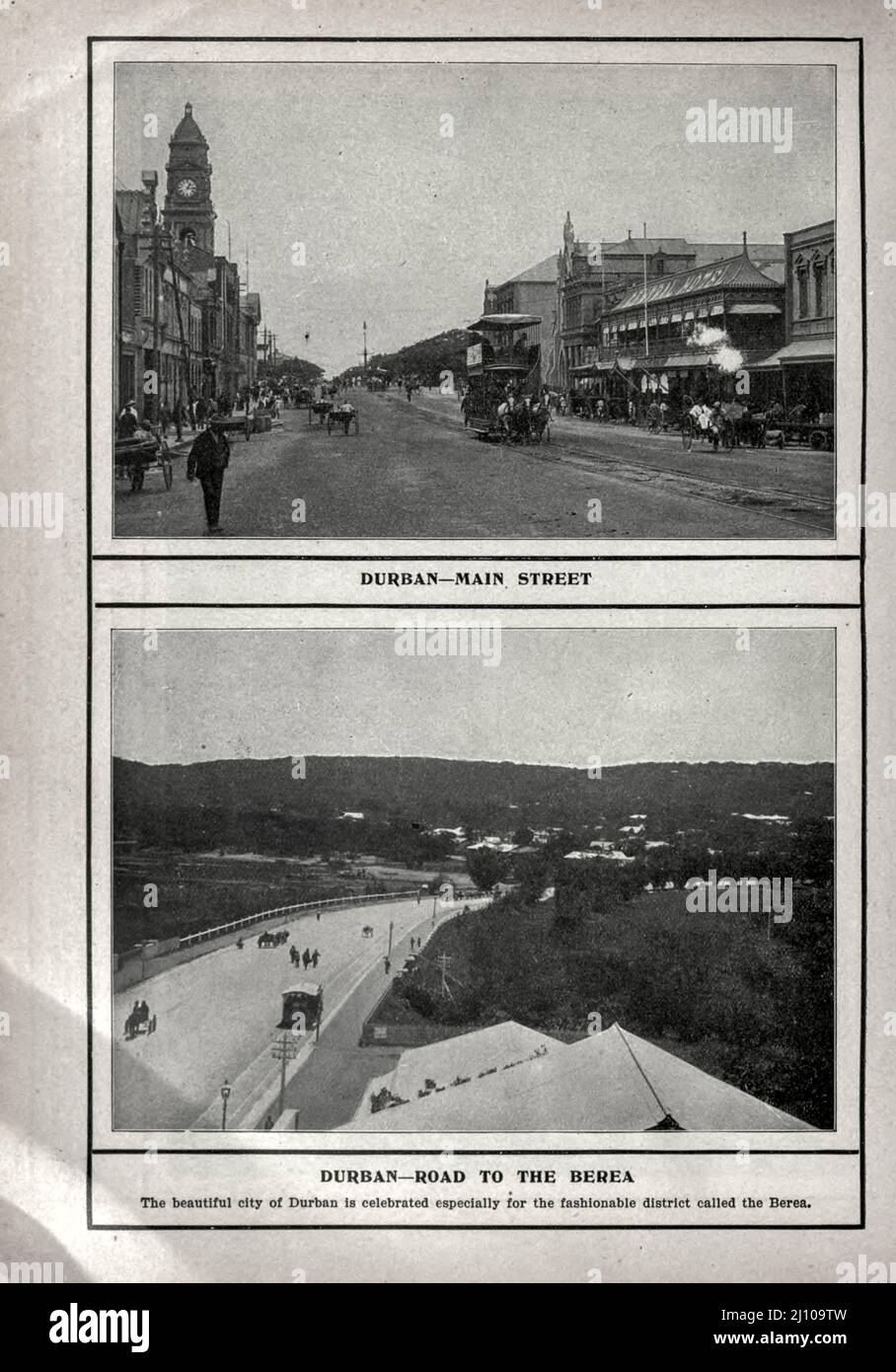 Durban Main Street (top) Durban Road to Berea Black and white photograph from the book ' South Africa; its history, heroes and wars ' by William Douglas Mackenzie, and Alfred Stead, Publisher Chicago, Philadelphia : Monarch Book Company in 1890 Stock Photo