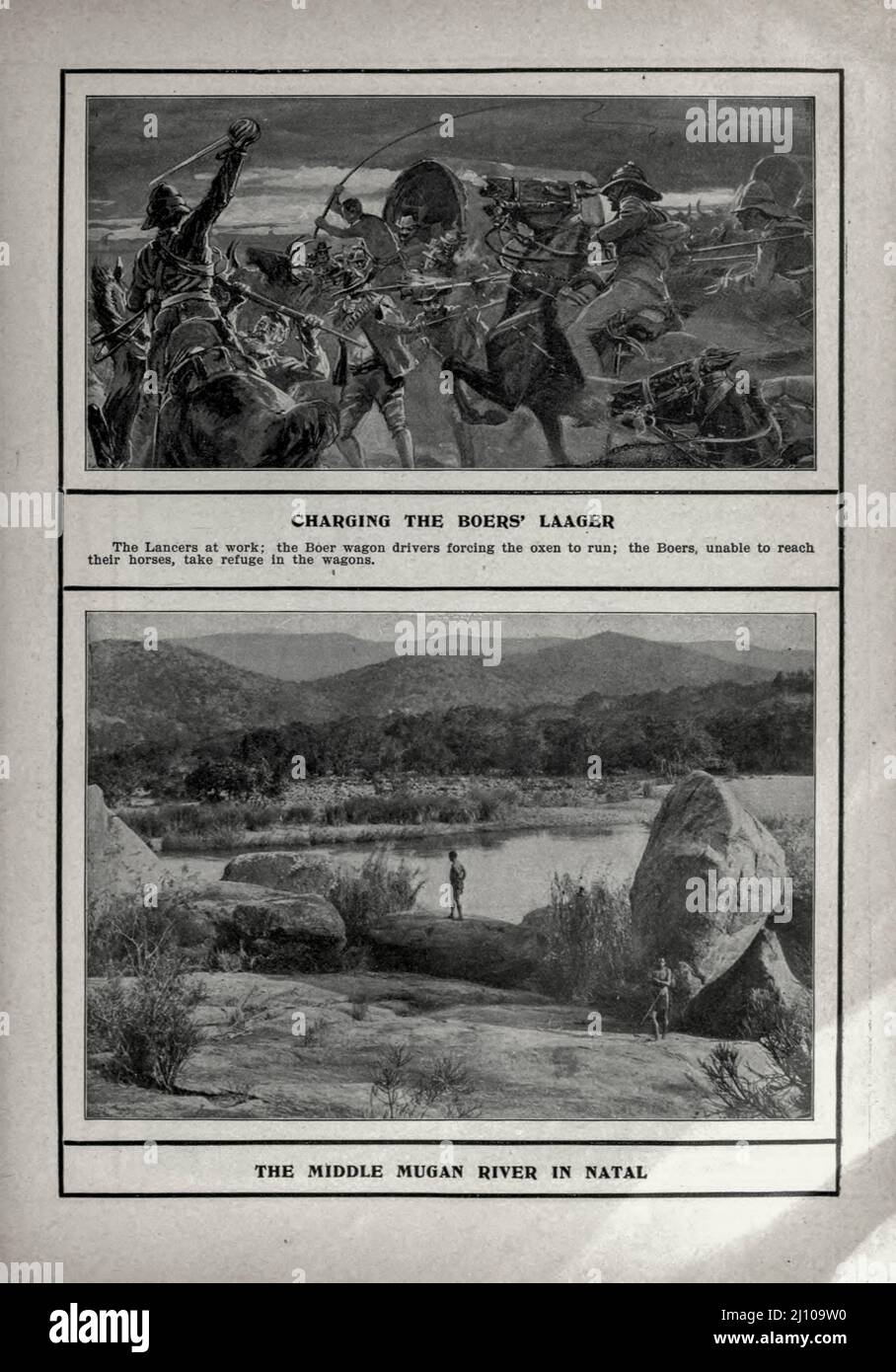Charging the Boers' Laager (Top) The Middle Mugan River Natal Black and white photograph from the book ' South Africa; its history, heroes and wars ' by William Douglas Mackenzie, and Alfred Stead, Publisher Chicago, Philadelphia : Monarch Book Company in 1890 Stock Photo