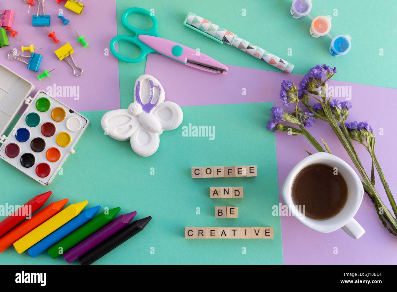 Arts and crafts colorful flat lay with drawind and painting tools Stock