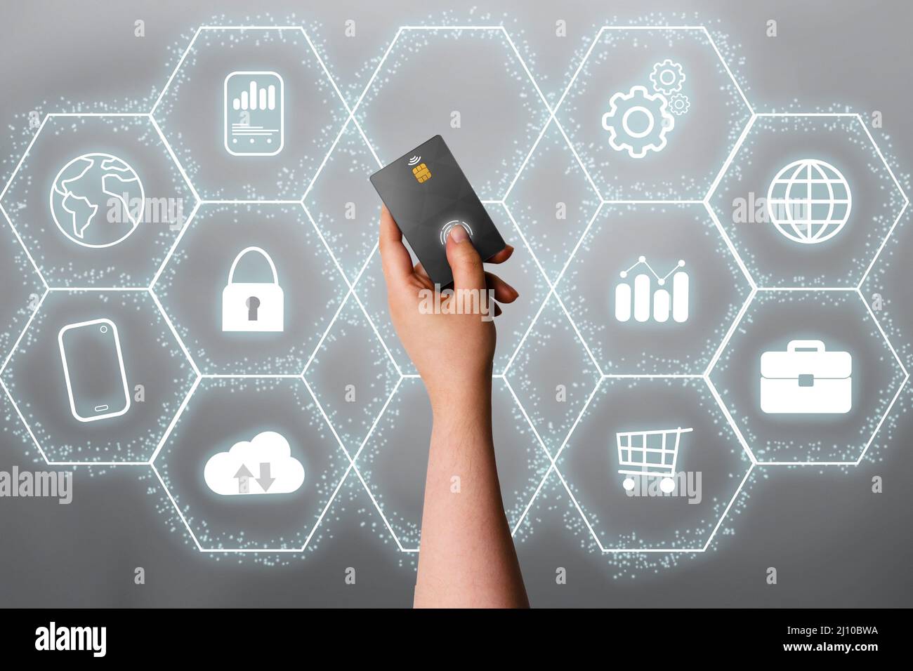 Woman hand showing credit card with virtual interface global network. of things