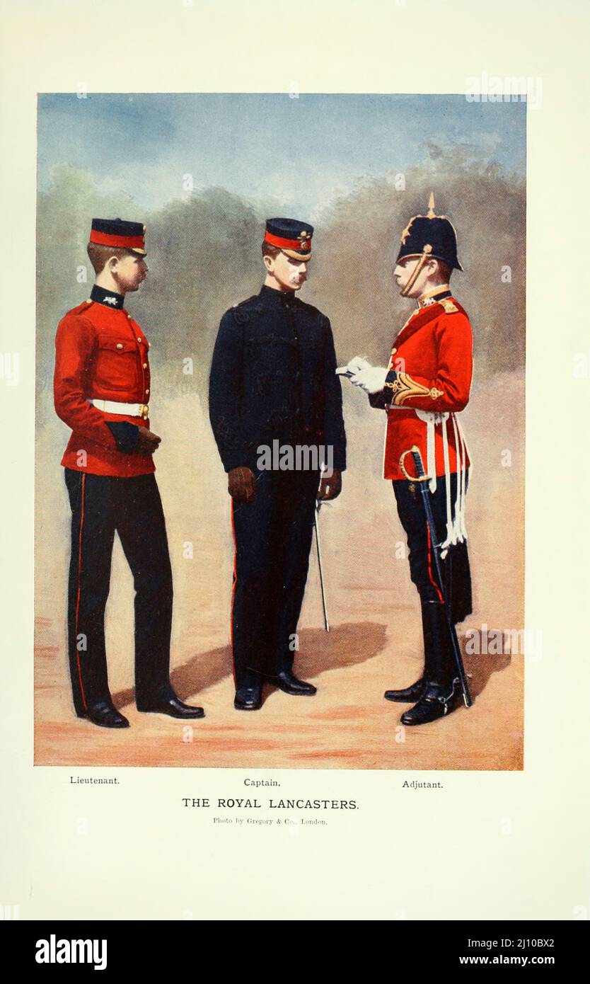 The Royal Lancasters (Lieutenant (Left) Captain (Centre) Adjutant (right)) from the book ' South Africa and the Transvaal war ' by Louis Creswicke, Publisher; Edinburgh : T. C. & E. C. Jack 1900 Stock Photo
