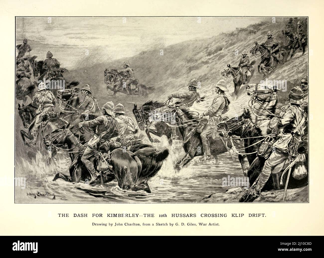 The Dash for Kimberley The 10th Hussars Crossing Klip Drift by John Charlton from the book ' South Africa and the Transvaal war ' by Louis Creswicke, Publisher; Edinburgh : T. C. & E. C. Jack 1900 Stock Photo